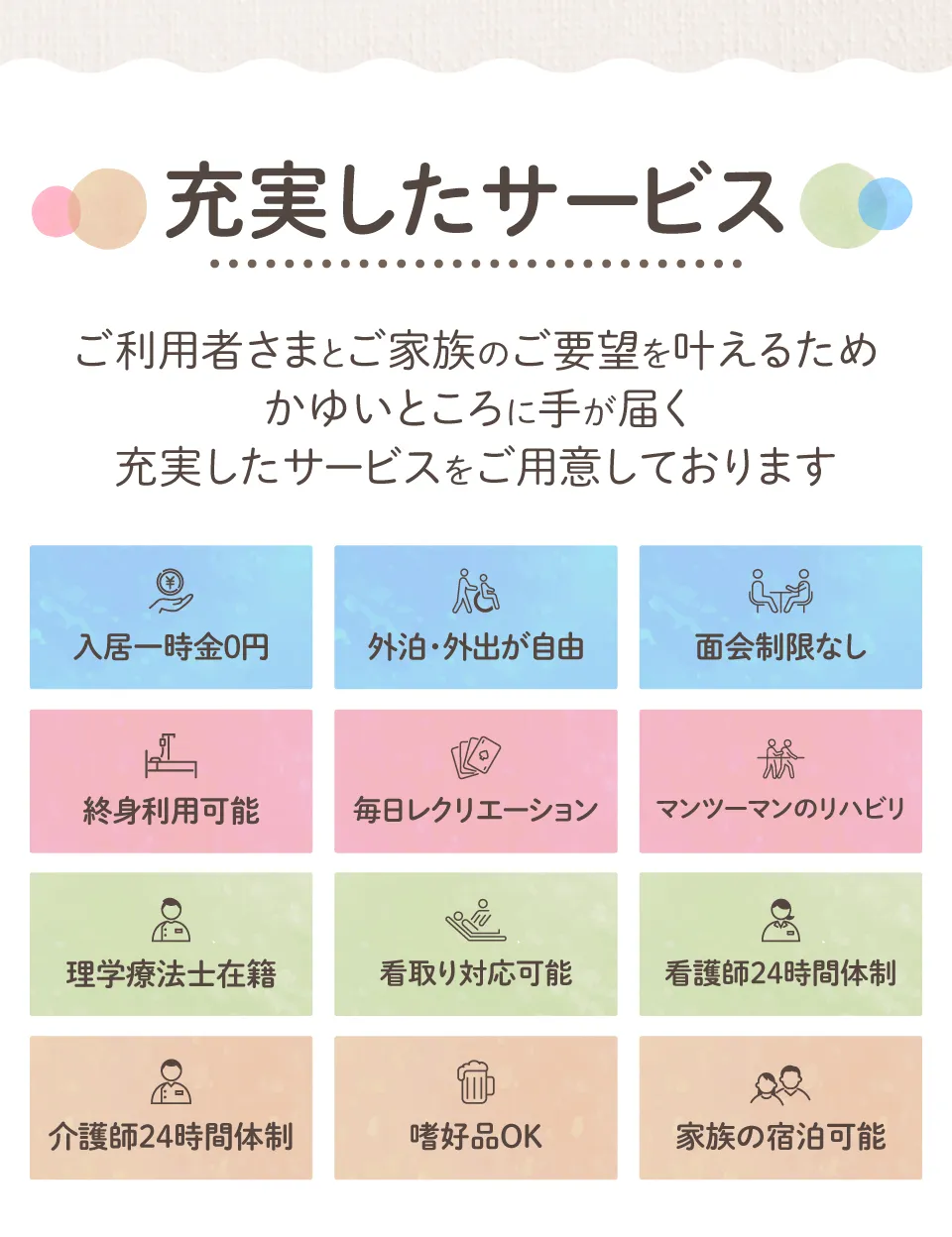 入居一時金0円、外泊・外出が自由、面会制限なし、終身利用可能、毎日レクリエーション、マンツーマンのリハビリ、理学療法士在籍、看取り対応可能、看護師24時間体制、介護士24時間体制、嗜好品OK、家族の宿泊可能